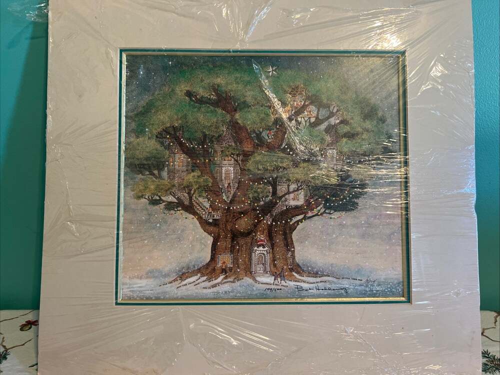 Bob Holloway Signed Print Winter Treehouse 149/500 Fantasy Art Matted Sealed ‘94